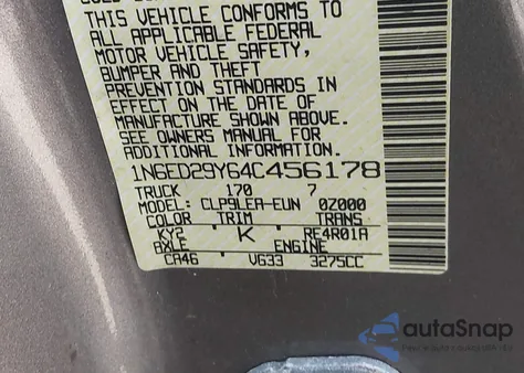 2004 Nissan Frontier Xe-V6 z USA, uszkodzony, nr VIN 1N6ED29Y64C456178